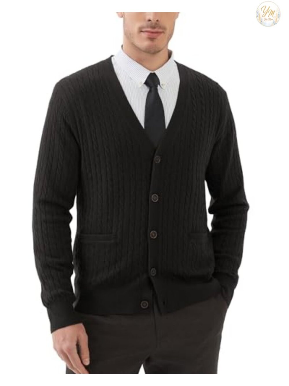 Men's Wool Blend Cable Knit V Neck Button Cardigan Sweater with Pockets
